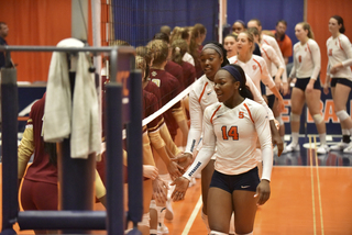 Players shake hands after Syracuse's win. The Orange travel to Pittsburgh for its second ACC game Friday Sept. 22.