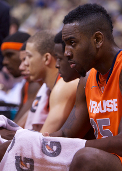 Syracuse forward Rakeem Christmas scowls during a late second-half timeout at the Petersen Events Center on Saturday. Pitt defeated the Orange 65-55 in the Big East matchup. Christmas finished with 0 points, three rebounds, three blocks and three fouls. 