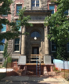 The stairs in front of Sims Hall are currently being rebuilt as part of summer construction on the Syracuse University campus. Photo taken Aug. 3, 2016