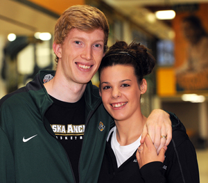 Jacob (left) and Emily (right) are married members of the Alaska Anchorage basketball program. Emily is an inside presence on the women's team, and Jacob a forward for the men's. 