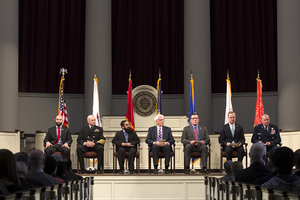 At the annual Veterans Day Ceremony on Wednesday, Daniel Piston, vice president of the Student Veterans Organization at Syracuse University, compared Chancellor Kent Syverud to former Chancellor William Tolley, who had a strong commitment to veterans affairs.