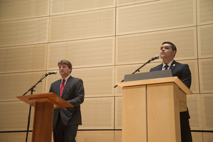 (from left) James Franco and Tyler Rossi faced off Sunday night in a Student Association presidential debate hosted by CitrusTV and The Daily Orange.