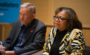 Dean Lorraine Branham (right) spoke during a forum in the Joyce Hergenhan Auditorium on Tuesday at the S.I. Newhouse School of Public Communications.