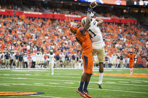 Steve Ishmael goes up to catch a pass when Syracuse hosted Pittsburgh in the Carrier Dome last fall.