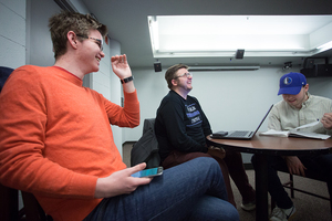 Eliot Fish (left), J.P. Phillippe (center) and Hayden Broom (right), sophomores at Newhouse, are members of Crowdwork Orange, a new organization on campus formed for stand-up comedians.