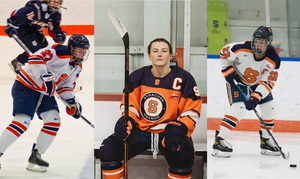 Former SU players Allie Munroe (middle), Shiann Darkangelo (left) and Jessica DiGirolamo (right) were one of 185 players named to PWHL training camp rosters for the league's inaugural season.