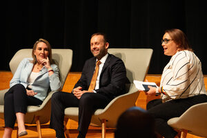 Meghan Hays, Lance Trover and Margaret Talev (left to right) speak during Tuesday evening's 