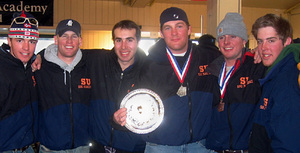 (From left) Sophomore Brad Plummer, Junior Tyler Christoff, sophomore Ethan Oxman, junior Ben Roy, and freshmen Pat McCool and Adam Carl of the SU Varsity ski team at a competition last year.