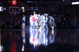 A general view of Georgetown players on the court at the start of the game between the Syracuse Orange and the Georgetown Hoyas during the game at the Verizon Center on March 9, 2013 in Washington, D.C. 