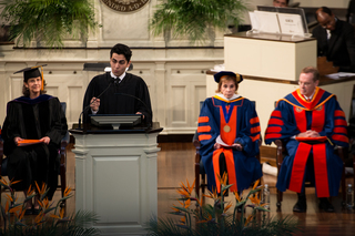 SA president Boris Gresely speaks on Chancellor Kent Syverud's openness toward SA and other student organizations on campus during Syverud's inauguration ceremony on April 11, 2014.