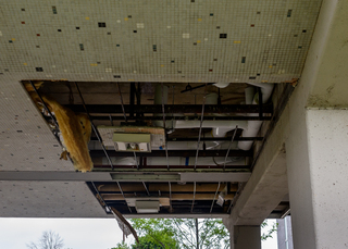 Here is a close up view of work being done to the outside wing of DellPlain Hall as part of summer upgrades to residence halls. Photo taken July 25, 2017