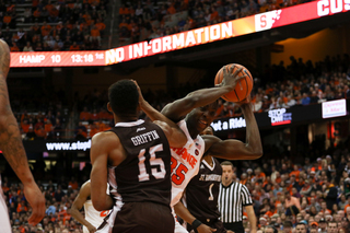 St. Bonaventure's LaDarien Griffin plays post defense. 