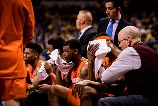 Chukwu wiped his face after he fell in the second half. He was slow to get up, but he returned to the game before the buzzer sounded.