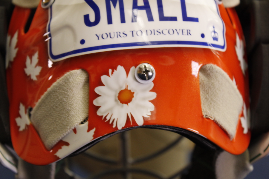 The back of Allison Small’s mask with a daisy and some maple leaves